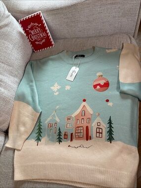 Women's Light Blue & Cream Holiday/Christmas Crewneck Sweater Sz M